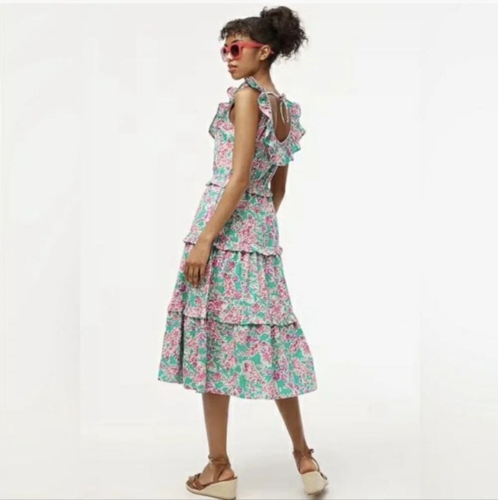 J. Crew Green Floral Swiss Dot Ruffle Tiered Midi Dress Cotton 00 - Picture 2 of 10